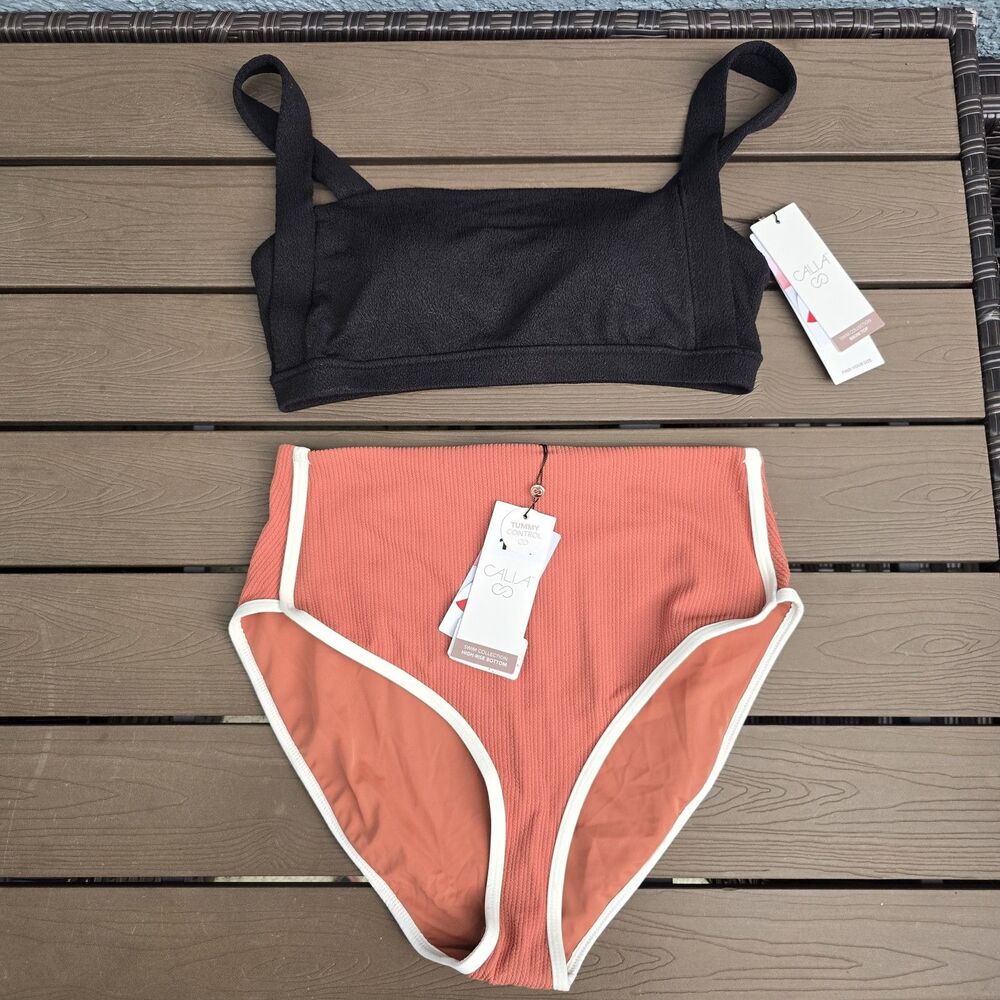 CALIA Women Textured Squared Neck Top & Terracotta High Rise Bikini Sz M New
